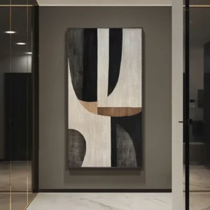 24x48 Inch Abstract Geometric Curve Pattern Wall Art - Black White Beige Gray Wrapped Canvas Framed Painting