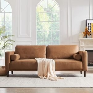 79” Mid-Century Modern Couch | Breathable Faux Leather Couch with Upholstered Cushions