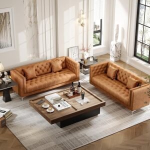 79" Modern Brown Faux Leather Sofa Couch with 2 Pillows | 3 Seater Couches for Living Room