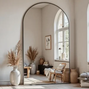 81"x41" Oversized Arched Full-Length Floor Mirror with Stand - Black Aluminum Frame