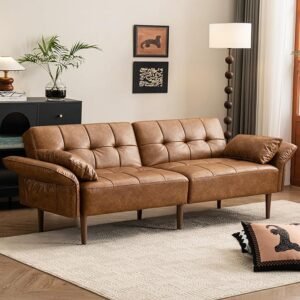 85” Mid Century Modern Futon Sofa Bed, Sleeper Sofa with Storage + Adjustable Armrests | Faux Leather Loveseat