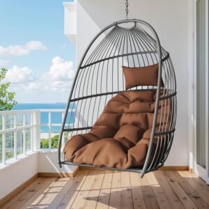 Hanging Egg Chair Without Stand, HDPE Rattan Foldable Swing Chair with Aluminum Frame & UV Resistant Cushion 350Lbs Capacity (Coffee)