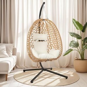 Egg Chair with Stand, Patio Wicker Hanging Chair, Hammock Swing Chair, 350LBS (Tan, Brown)