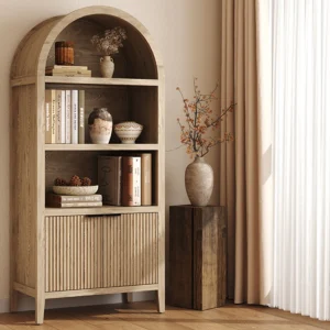 71" Tall Arched Bookcase with Fluted Doors and Open Shelf