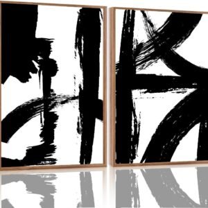 Framed Abstract Canvas Wall Art Set of 2 Black White Decor Pictures | 16x24"