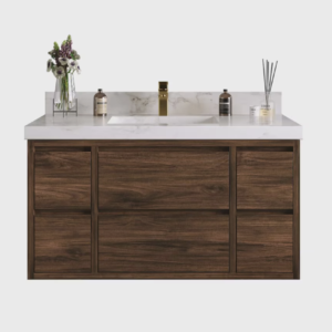 Custom Millwork | Floating Teak 42 in. W x 22 in. D Single Sink Bathroom Vanity + White Quartz | Dark Brown