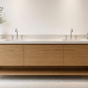 Custom Millwork | 65 3/4" Teak Floating Vanity W/ Floating Shelf